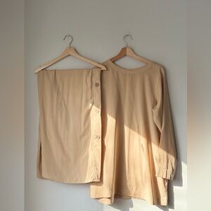 Beige Button-Accent Top and bottom Set